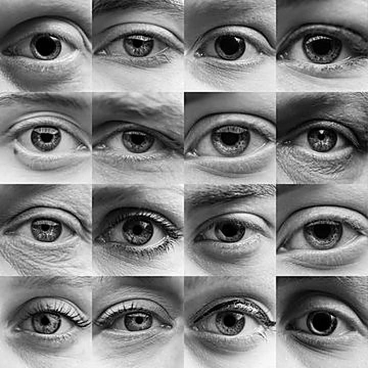 A four-by-four grid of human eyes in black and white