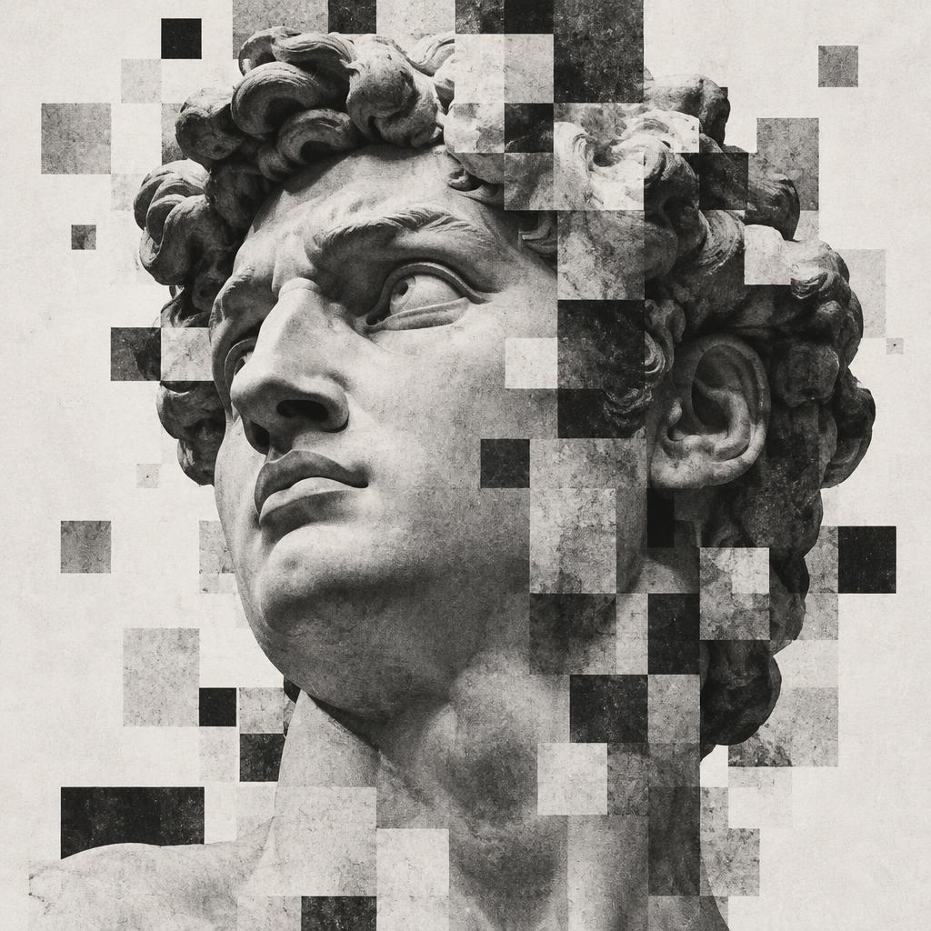 A classical statue head fragmented into pixels